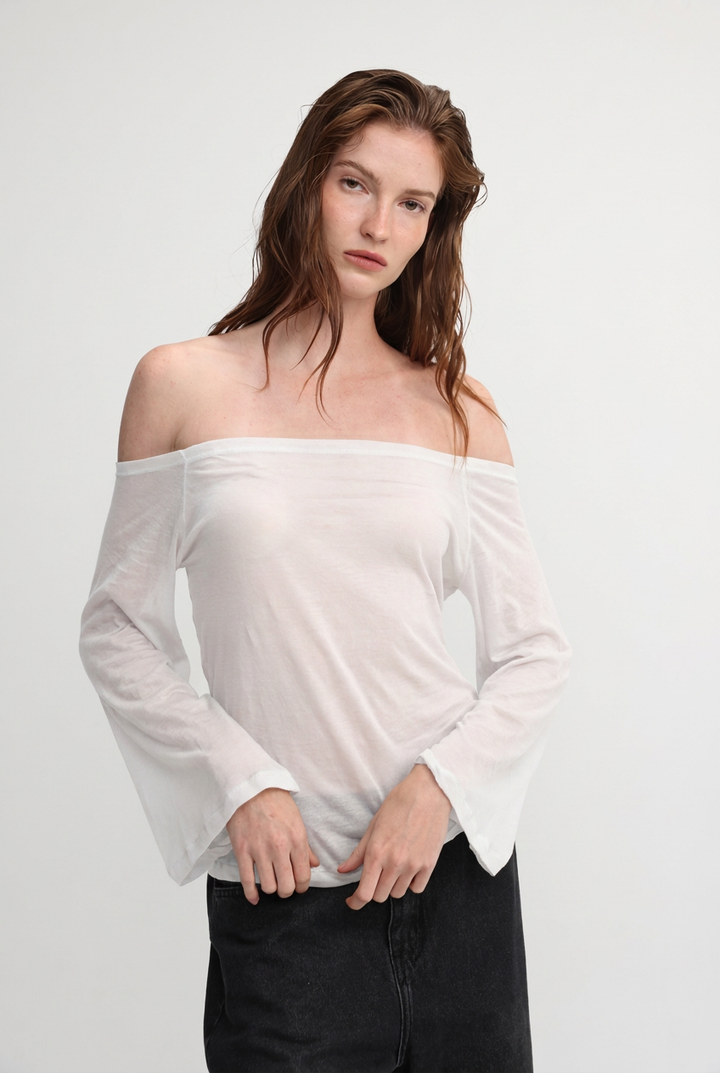Clean64 White Off Sheer Shoulder Shirt