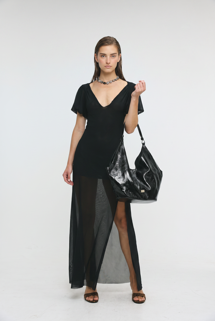 Shiny Black Leather Shoulder Bag