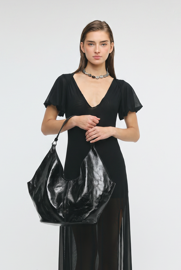 Shiny Black Leather Shoulder Bag