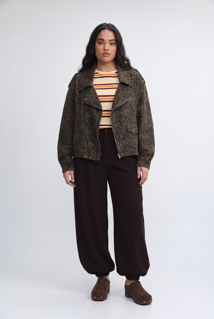 Olive green leopard-print denim jacket front view with button closure and chest pockets