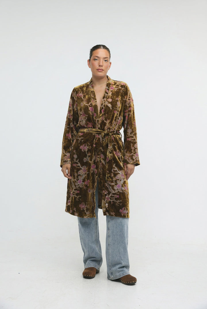Long Floral Velvet Brown Kimono