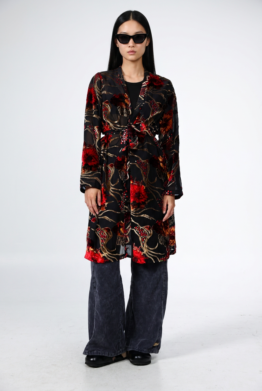 Long Floral Velvet Black Kimono