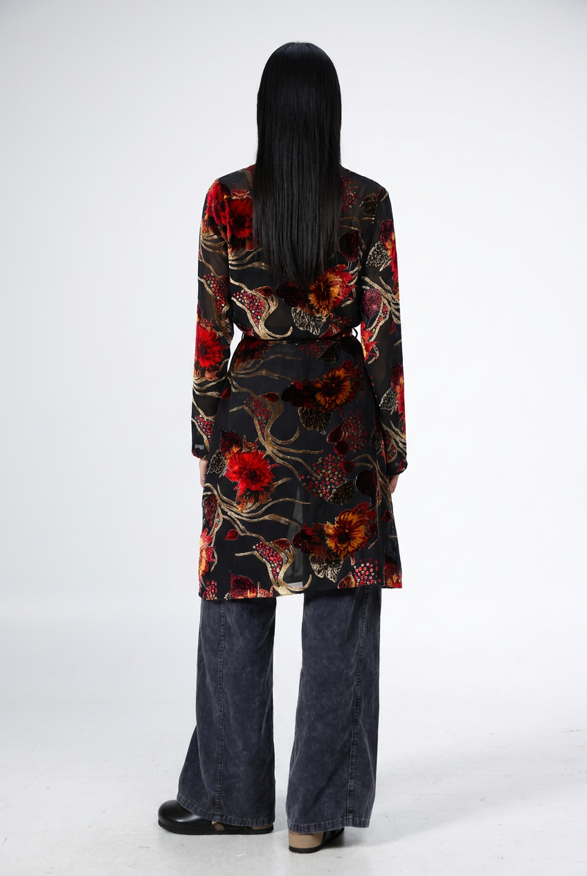 Long Floral Velvet Black Kimono