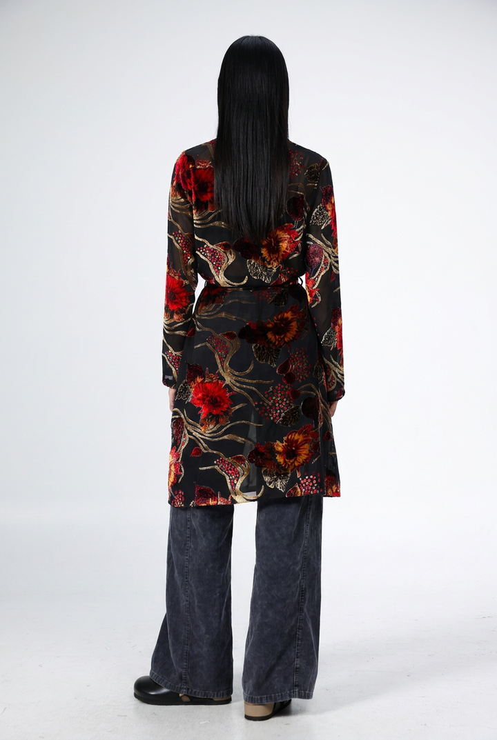 Long Floral Velvet Black Kimono