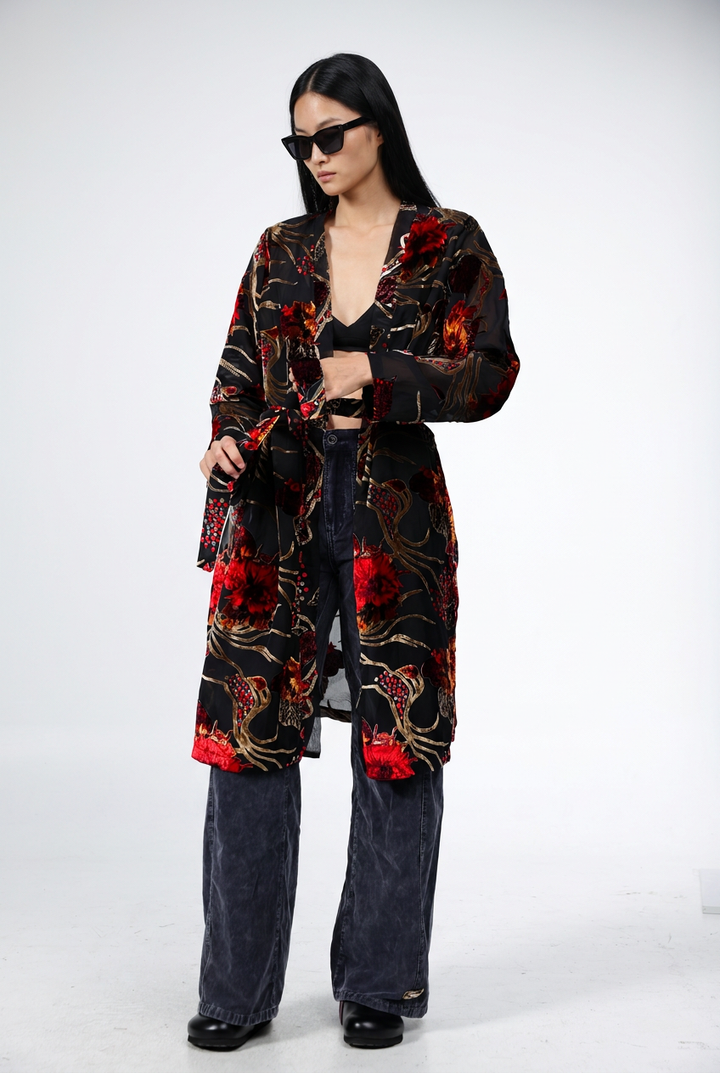 Long Floral Velvet Black Kimono