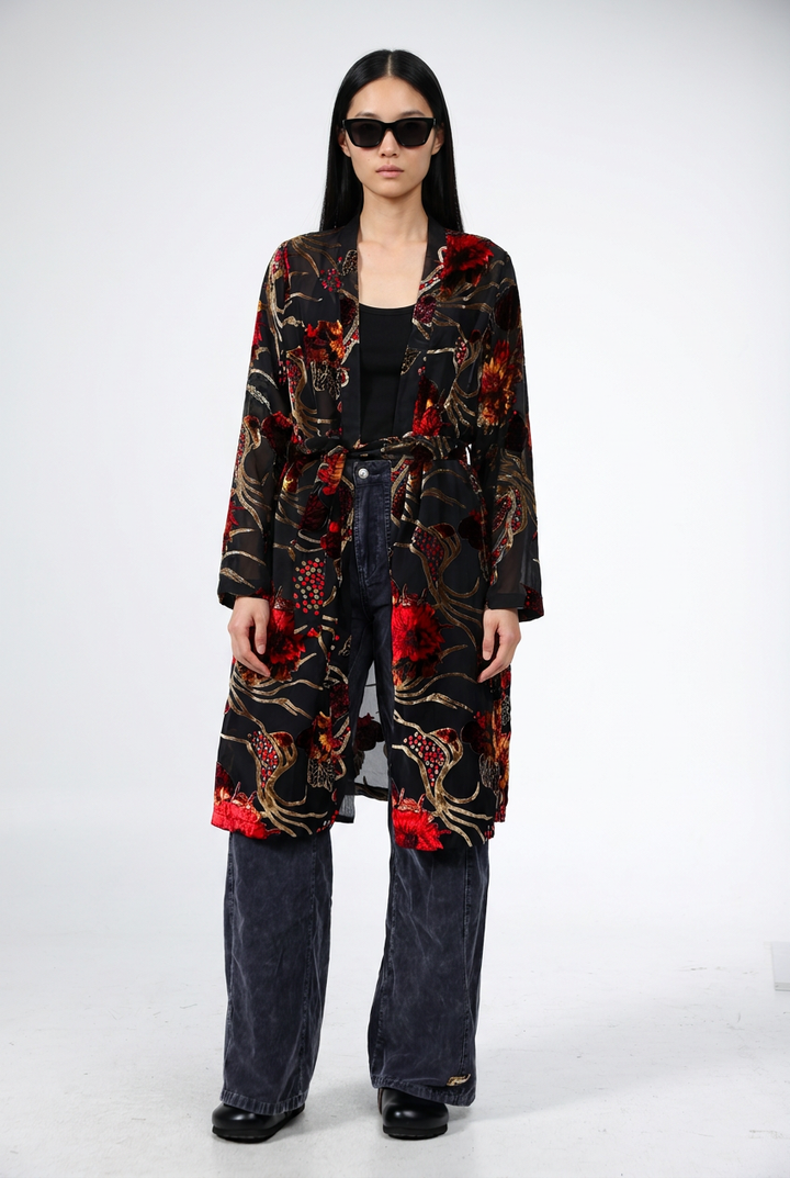 Long Floral Velvet Black Kimono