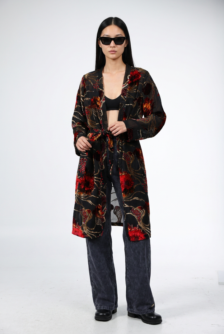 Long Floral Velvet Black Kimono