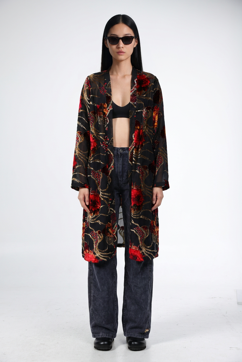 Long Floral Velvet Black Kimono