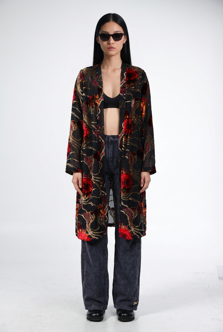 Long Floral Velvet Black Kimono