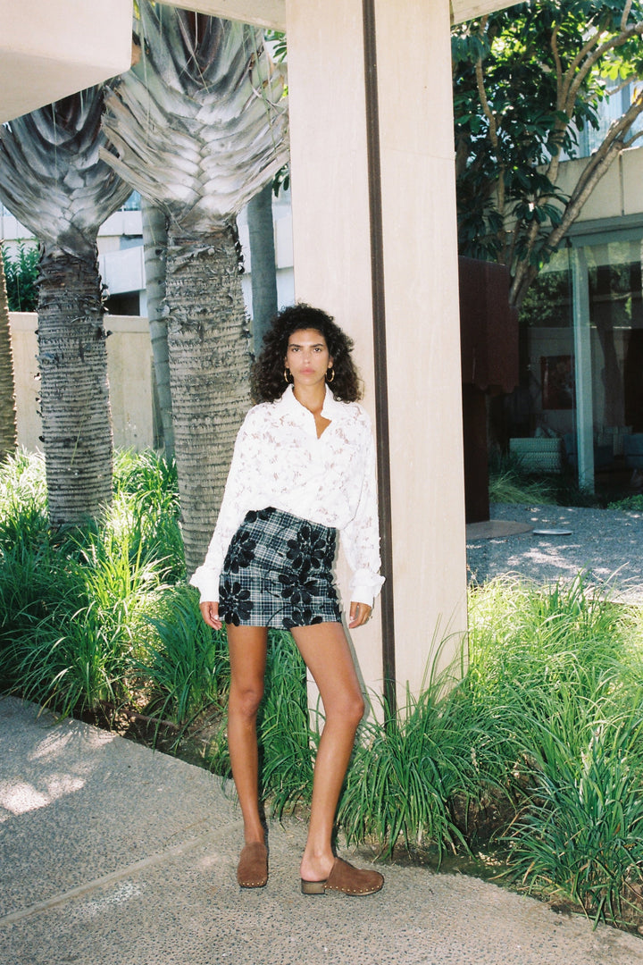 Floral Grey Plaid Skirt