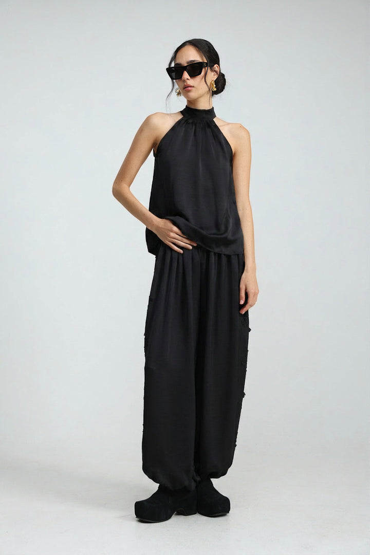 Satin Black Halter Top