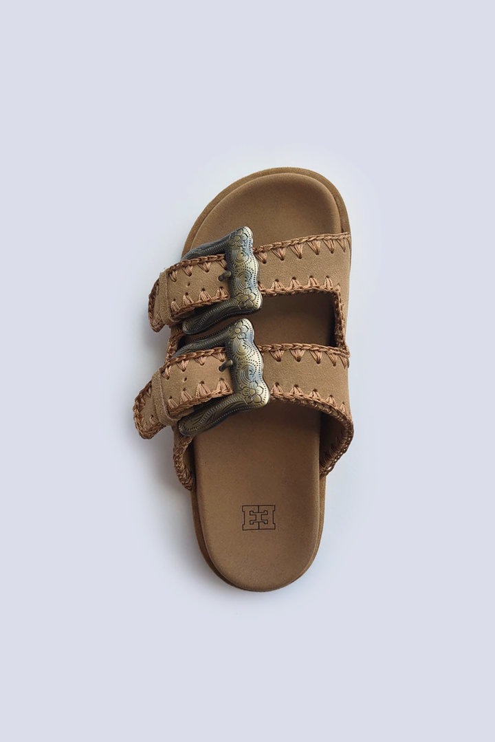 Engraved Buckle Camel Sandals