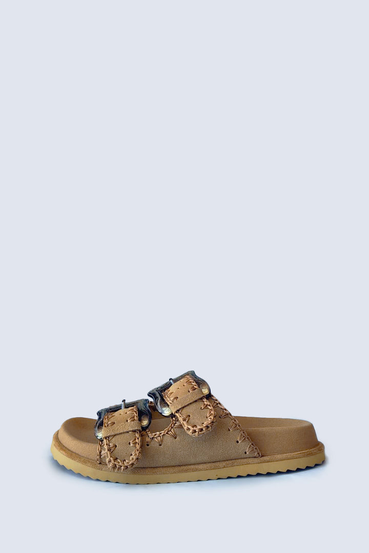 Engraved Buckle Camel Sandals