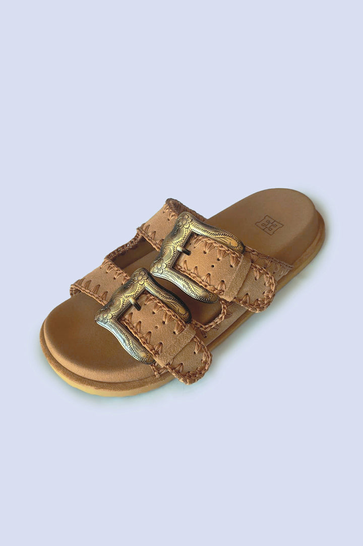 Engraved Buckle Camel Sandals