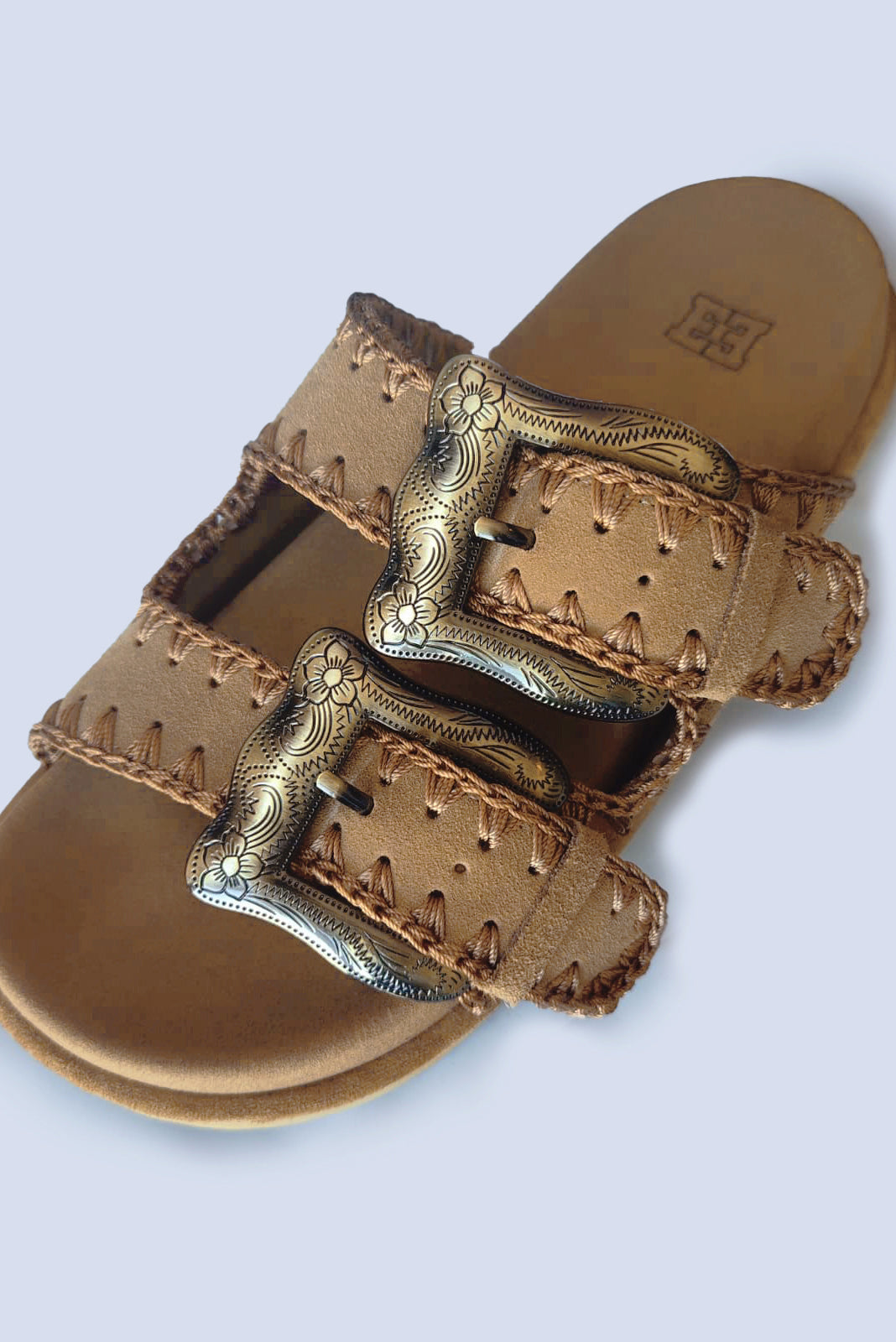 Engraved Buckle Camel Sandals