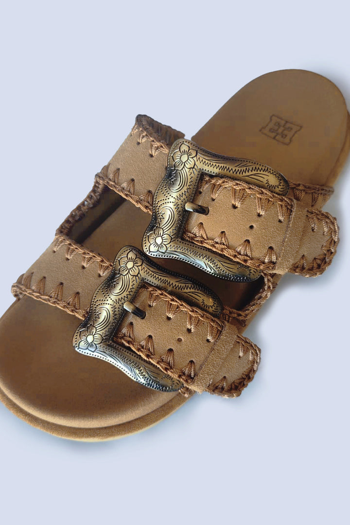 Engraved Buckle Camel Sandals