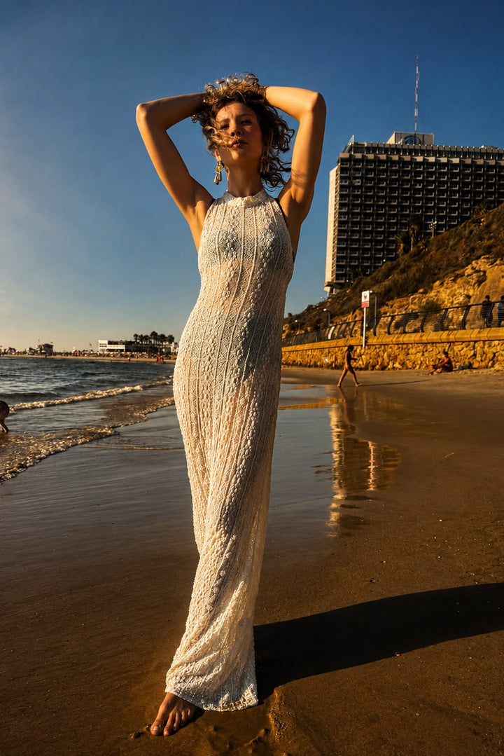 Ibiza Cream Lace Halter Dress