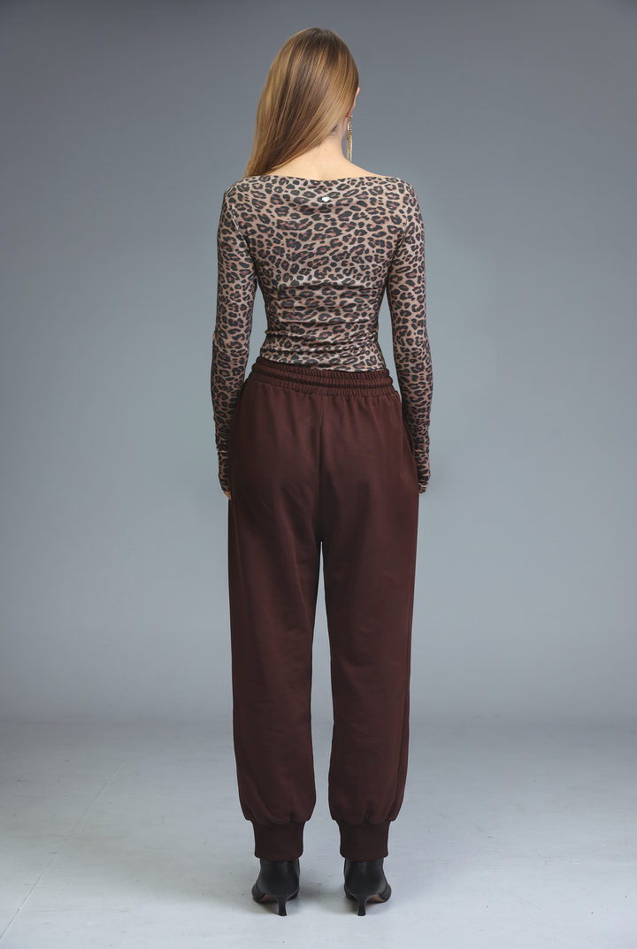 A brown leopard-print long-sleeved top with a fitted ruched bodice and sheer fabric visible from the front