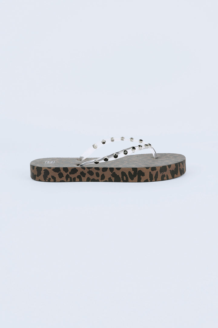 Leopard/Clear Studs Platform Flip Flops