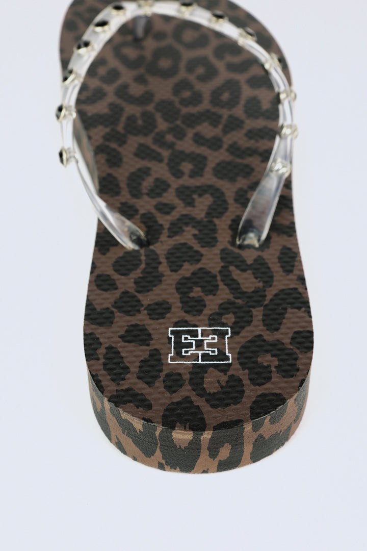 Leopard/Clear Studs Platform Flip Flops