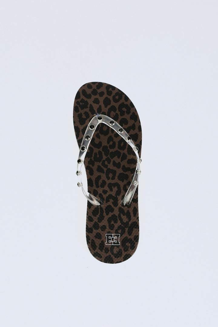 Leopard/Clear Studs Platform Flip Flops