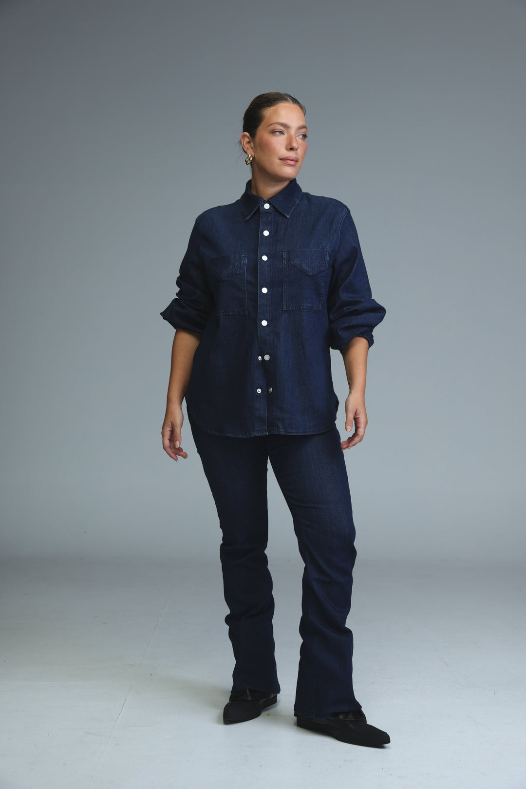 Navy blue button-up shirt with rolled sleeves and classic collar shown from the front in Star 776 Dark Blue Denim style