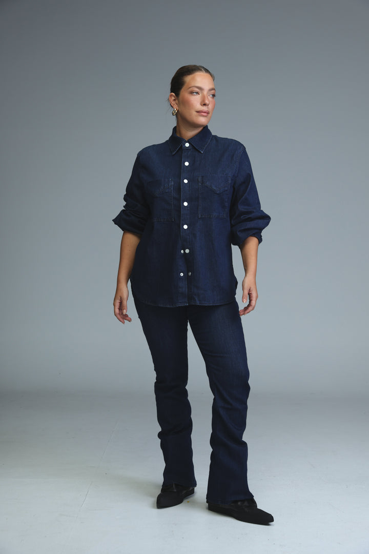 Navy blue button-up shirt with rolled sleeves and classic collar shown from the front in Star 776 Dark Blue Denim style