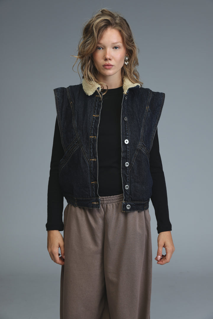 Fur Dark Blue Denim Vest