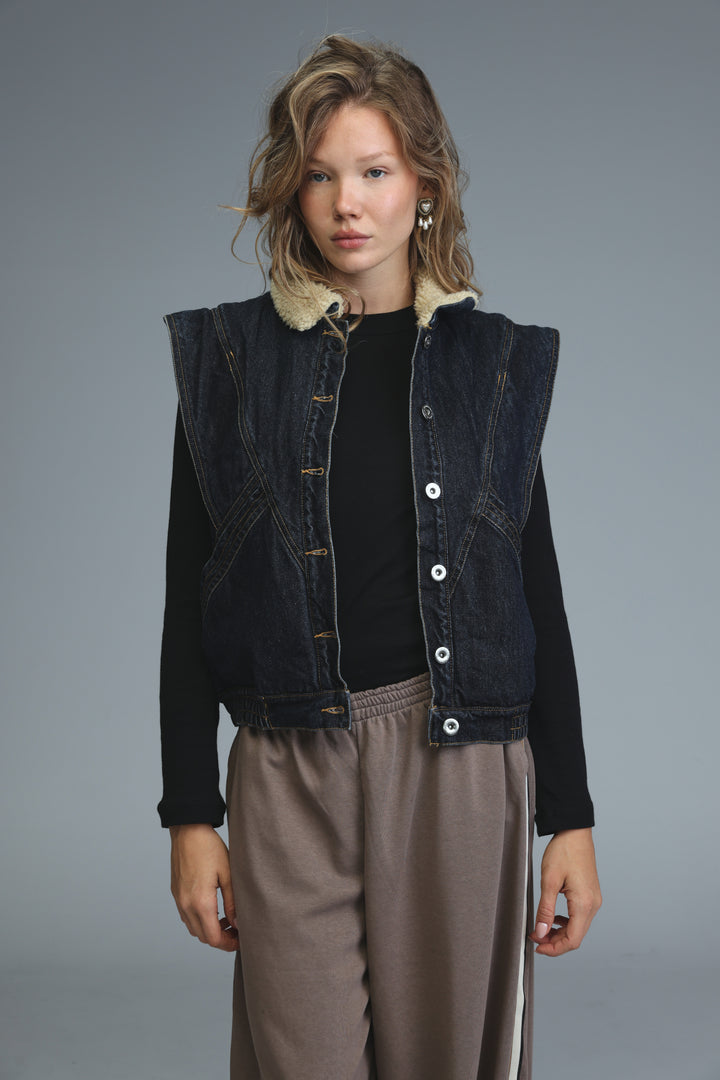 Fur Dark Blue Denim Vest