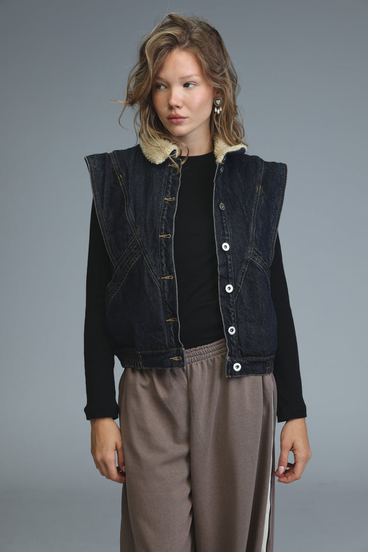 Fur Dark Blue Denim Vest