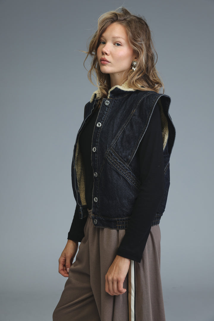 Fur Dark Blue Denim Vest
