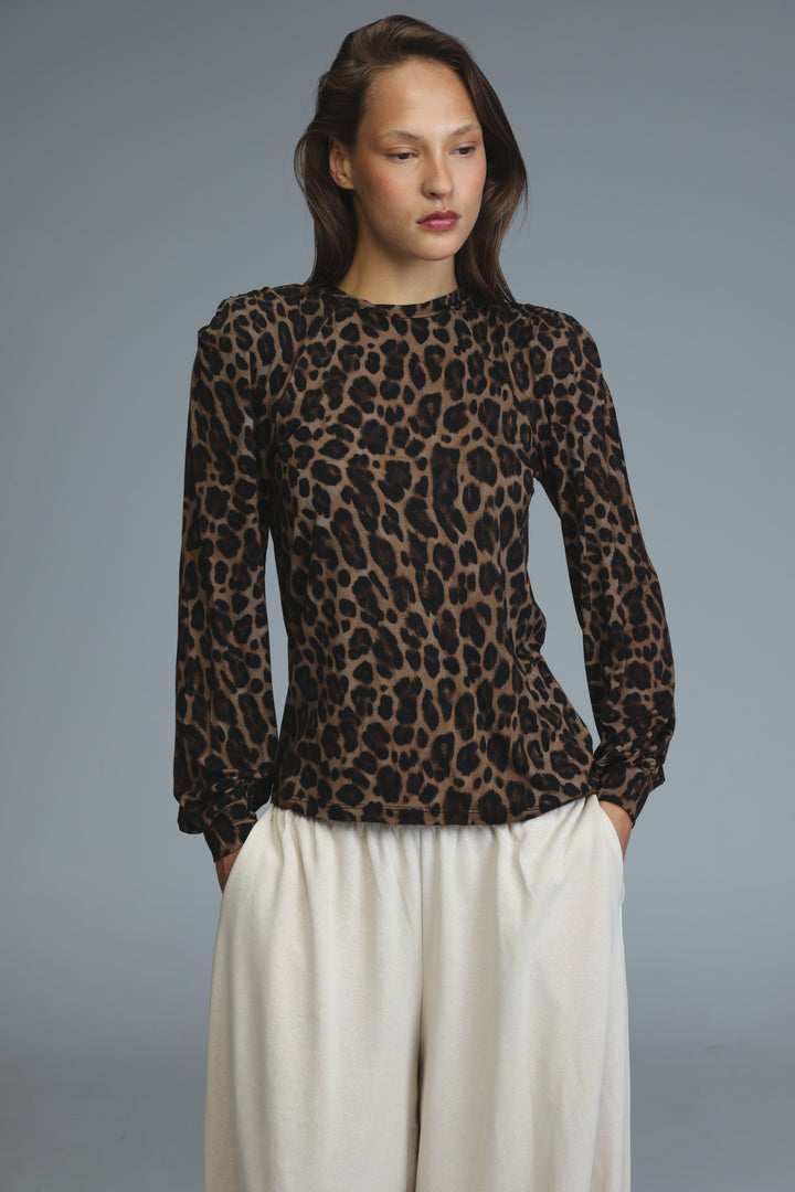 Lg leopard padded shirt in leopard print with long sleeves, high neckline, and ruched sleeves, front view