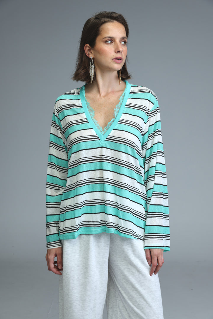 Glow mint striped shirt with horizontal mint green, white, and black stripes and lace trim along the v-neck front