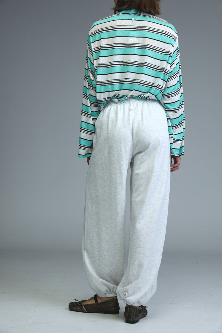 Light grey joggers featuring a loose fit and elastic cuffs visible from the front view