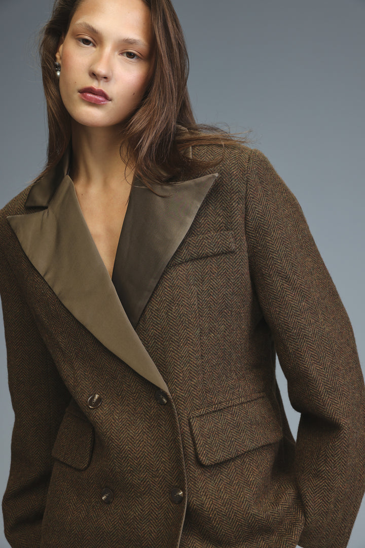 Penthouse brown blazer with herringbone pattern and contrasting olive satin lapels shown from the front view