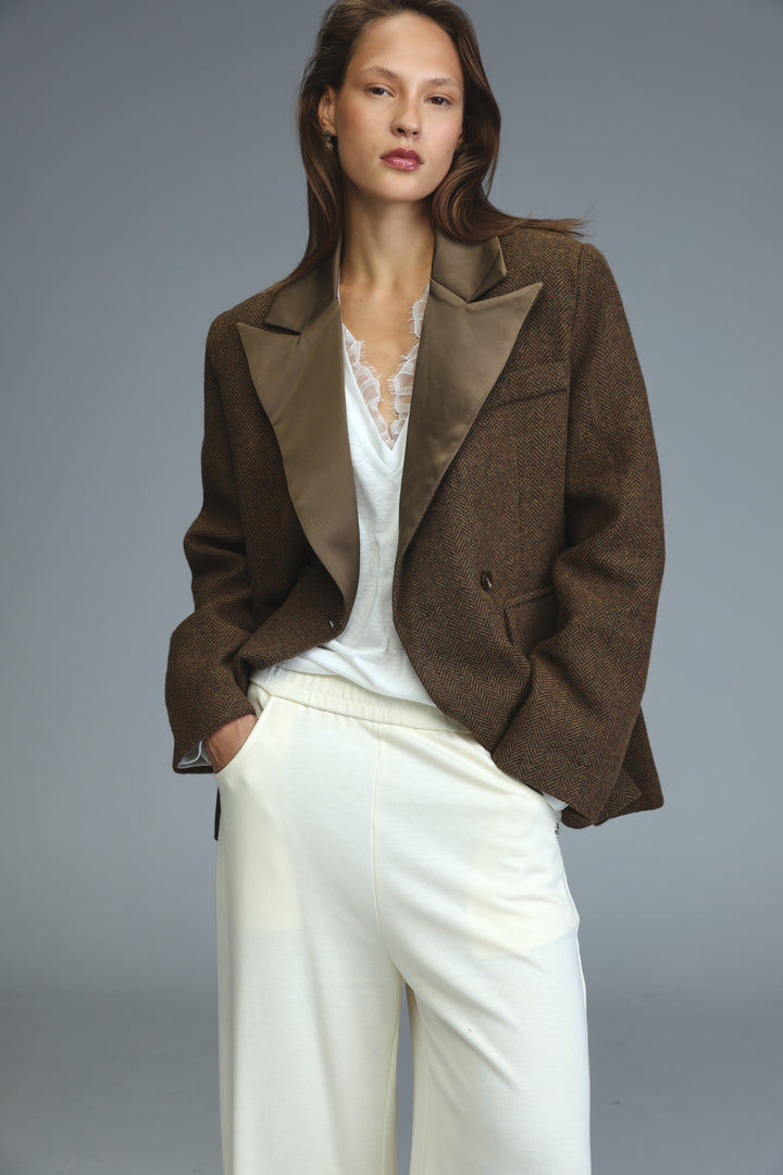 Penthouse brown blazer with herringbone pattern and contrasting satin lapels shown from the front