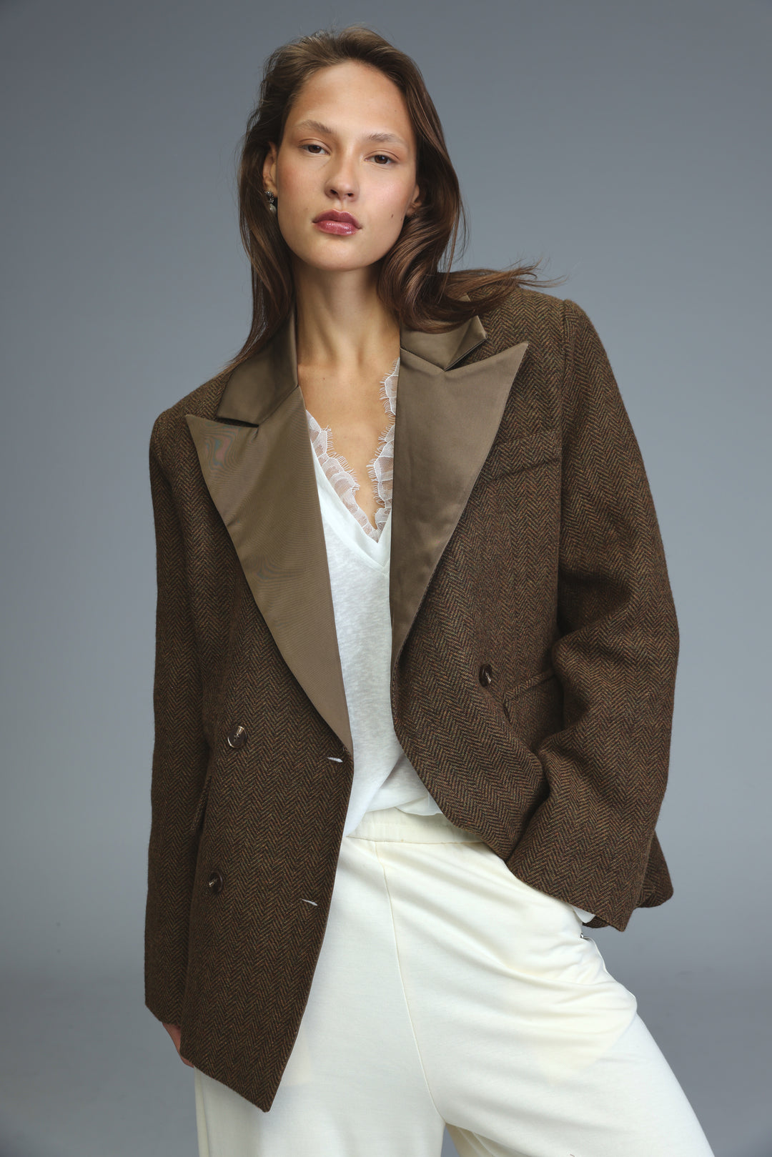 Penthouse brown blazer front view with contrasting tan satin lapels and herringbone pattern