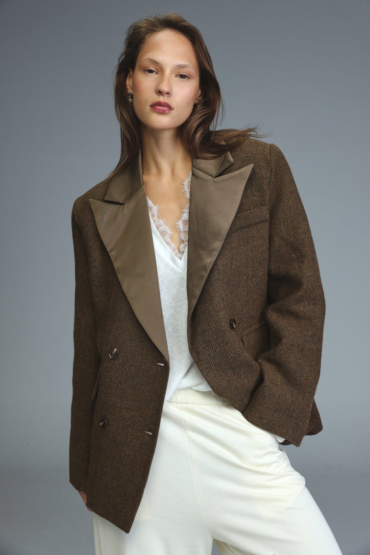 Penthouse brown blazer front view with contrasting tan satin lapels and herringbone pattern