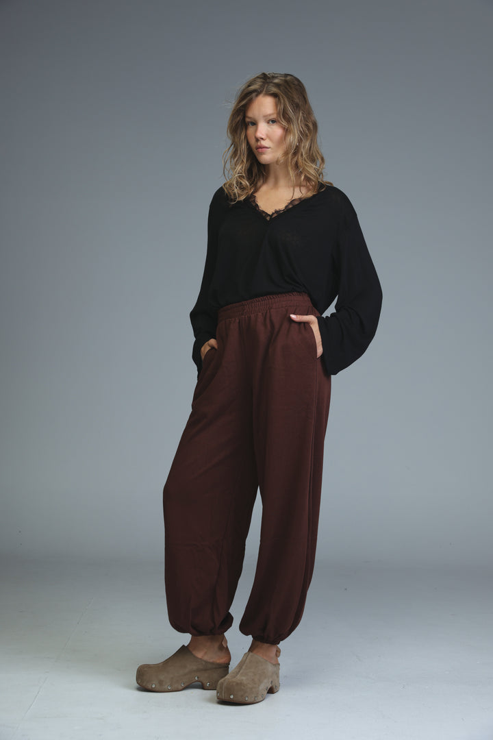 The try brown joggers are loose-fitting harem pants with elastic cuffs and side pockets shown from the front
