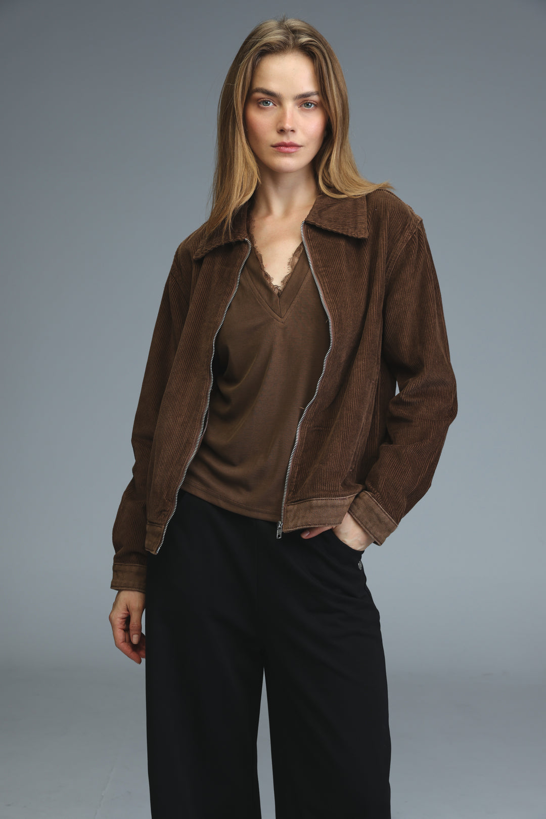 Brown corduroy bomber jacket with a front zipper and collar detail shown from the front view