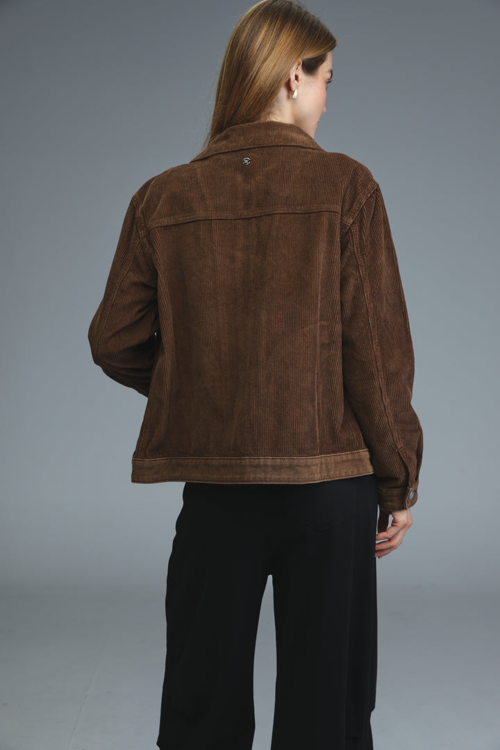 Brown corduroy jacket with classic collar and subtle stitching details shown from the front
