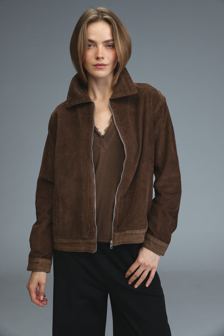 Brown corduroy bomber jacket with collar and front zipper shown from the front