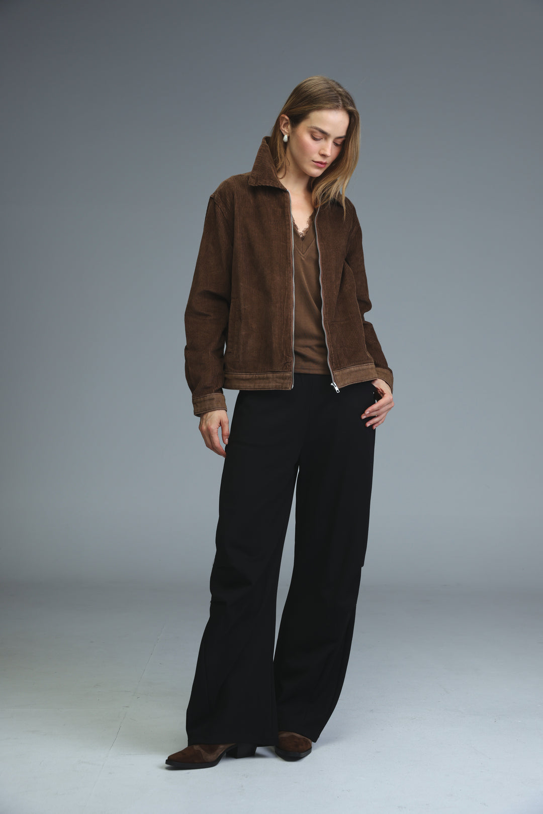 Brown corduroy jacket with collar and front zipper closure shown from the front