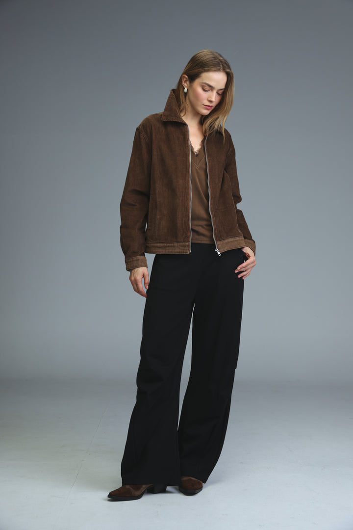 Brown corduroy jacket with collar and front zipper closure shown from the front