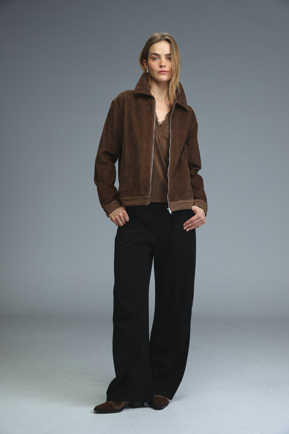 Brown corduroy jacket with collar and front zipper shown from the front