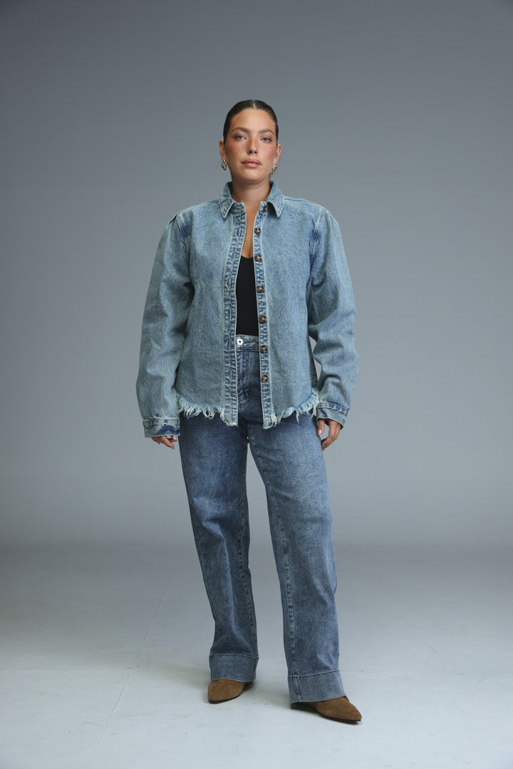Frayed Hem Blue Denim Jacket