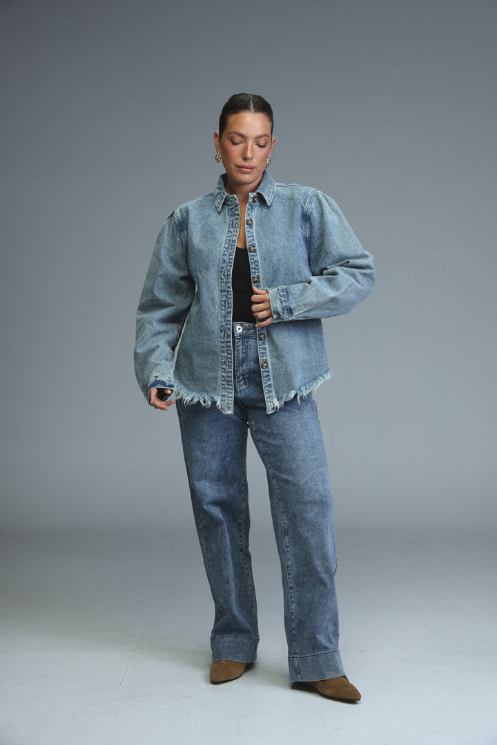 Frayed Hem Blue Denim Jacket