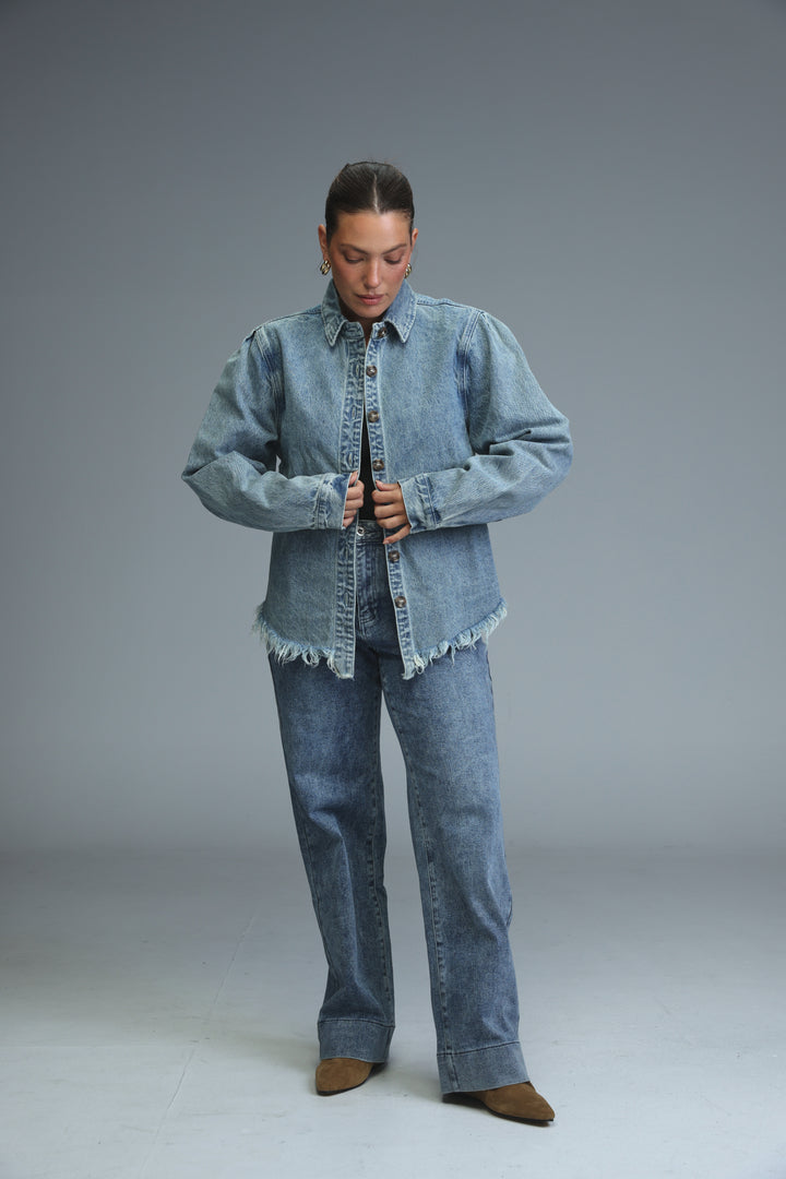Frayed Hem Blue Denim Jacket