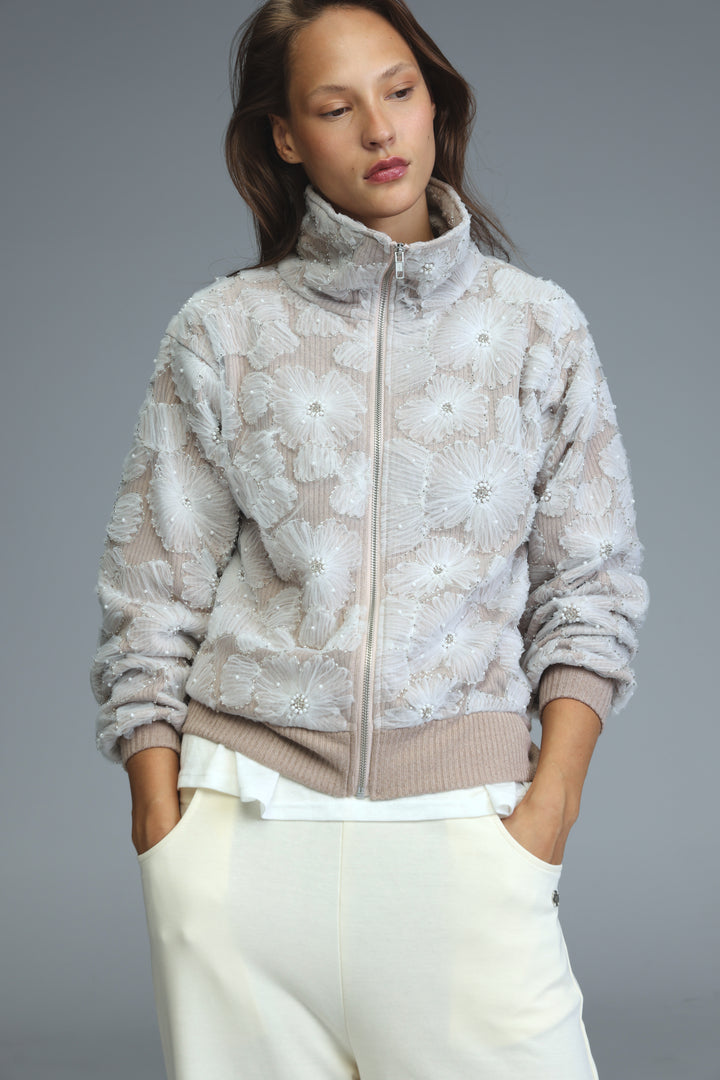 Light gray blossom stone jacket front view with zip-up closure and floral metallic embellishments