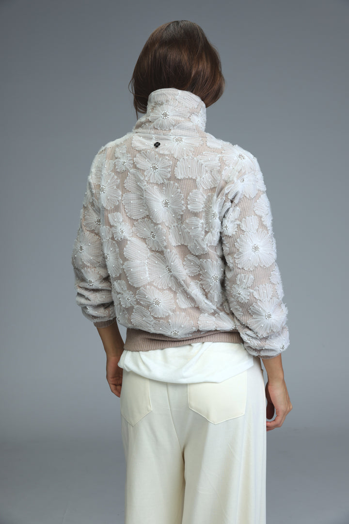 Off-white blossom stone jacket with floral embroidery and high collar shown from the front